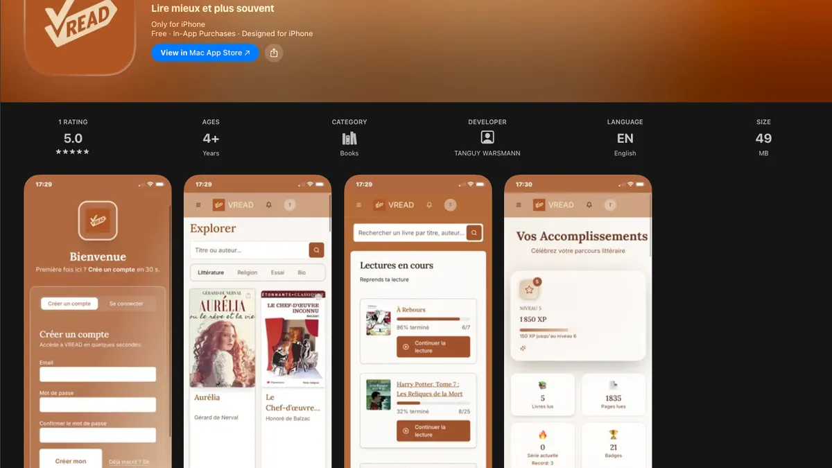 Capture d'écran de l'application Vread sur l'App Store