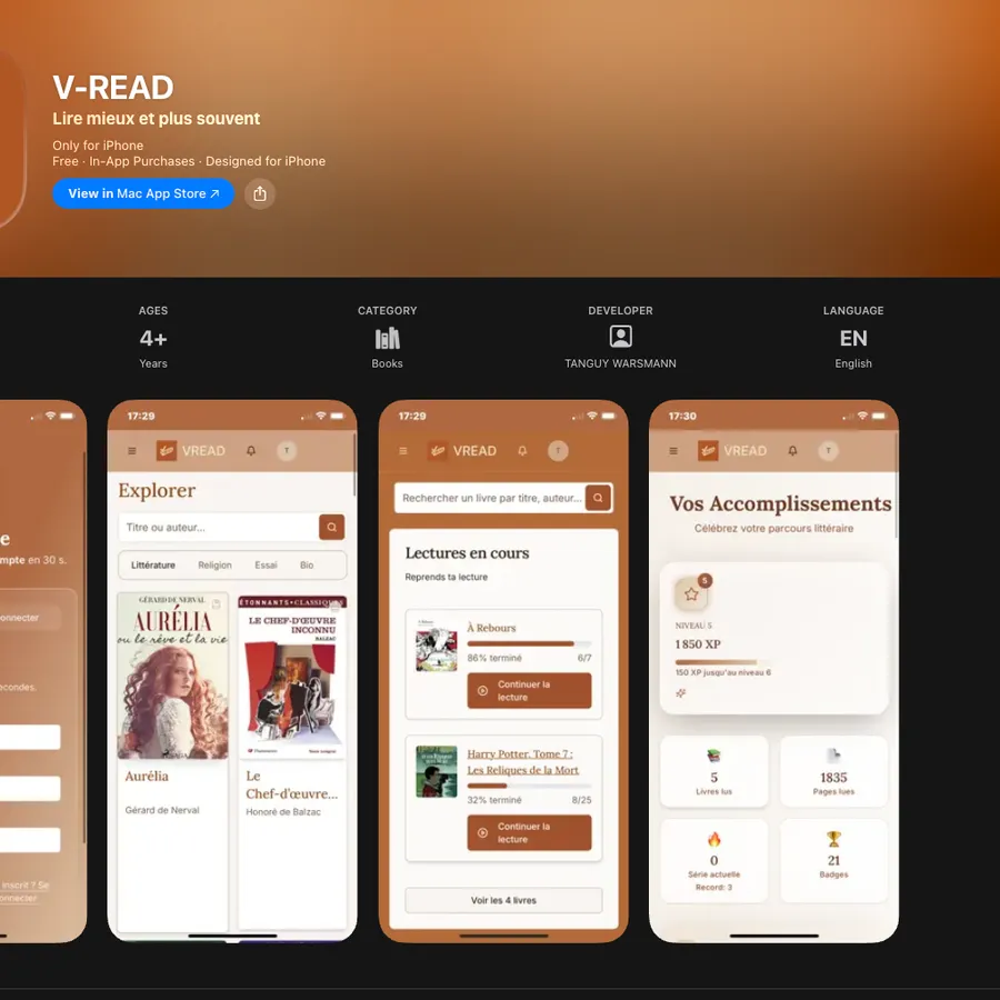 Capture d'écran de l'application Vread sur l'App Store