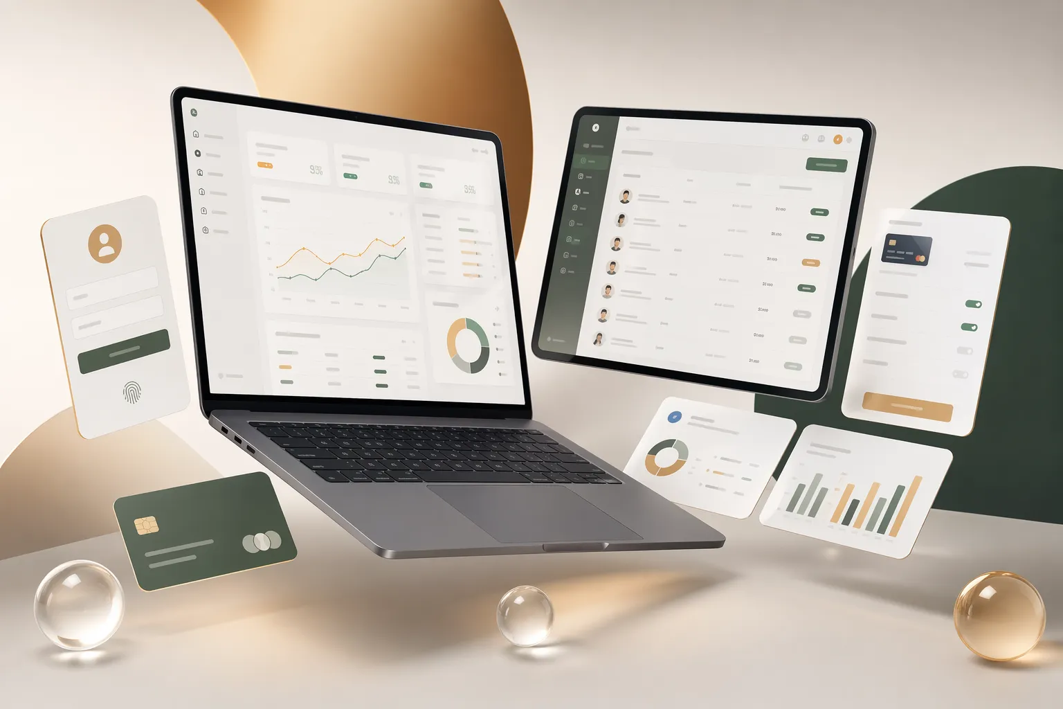 Visualisation premium d'un produit SaaS sur mesure avec surfaces d'authentification, de paiement Stripe, de dashboard admin et d'analytics.