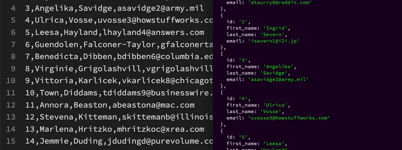 Mon terminal affichant des données CSV converties en JSON