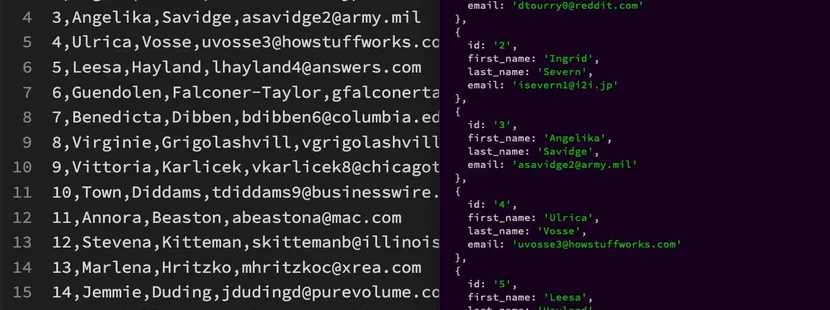 Mon terminal affichant des données CSV converties en JSON