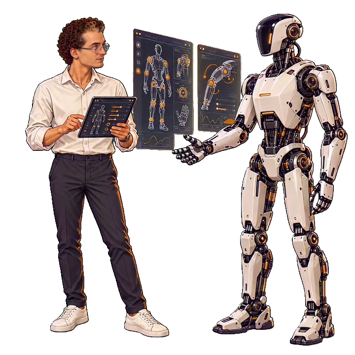Illustration de Virgile configurant les mouvements d’un robot humanoïde depuis une tablette.