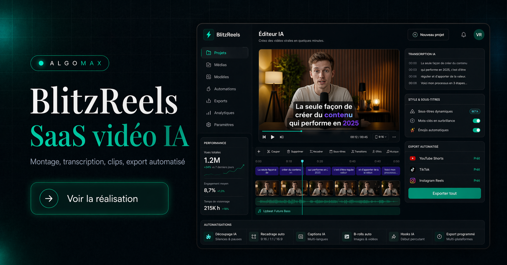 BlitzReels : éditeur vidéo IA construit en solo | Algomax