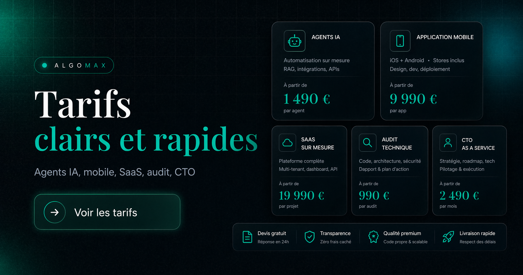 Tarifs Algomax : agents IA, app mobile, SaaS et site web